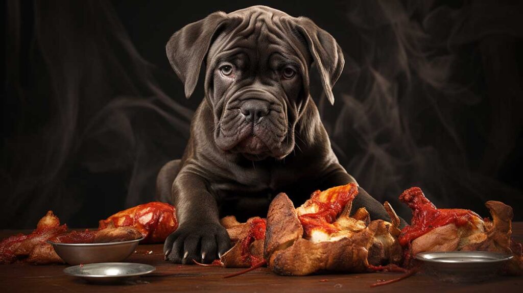 cane corso puppy eating meat raw